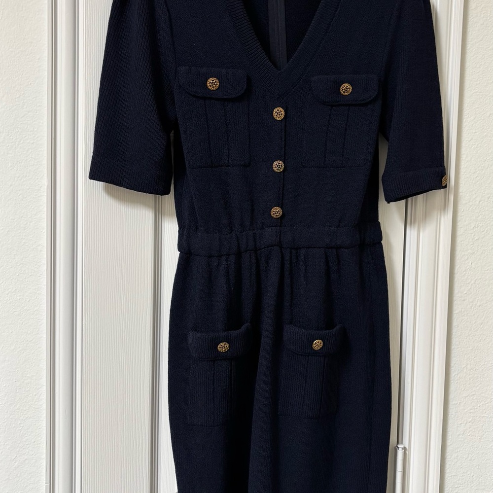 Adolfo Dark Knit Dress with Gold Buttons